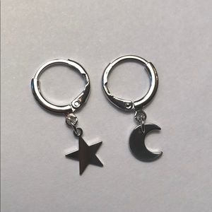 Silver Tone Dainty Moon & Star Mixed Hoop Earrings